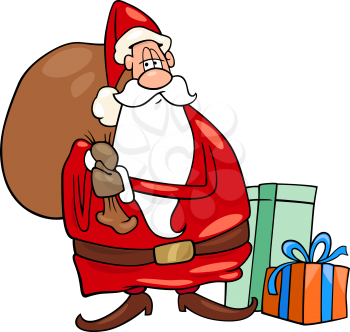 Cartoon Illustration of Funny Santa Claus or Papa Noel with Christmas Presents and Gifts and Sack