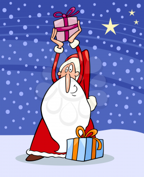 Cartoon Illustration of Funny Santa Claus or Papa Noel with Christmas Presents and Gifts