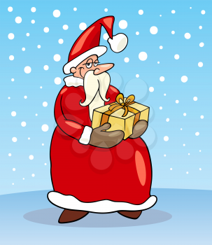 Cartoon Illustration of Funny Santa Claus or Papa Noel with Christmas Present and Gift