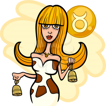 Illustration of Beautiful Woman Cartoon Character with Cow Bells and Taurus Horoscope Zodiac Sign