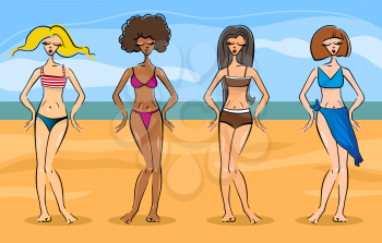 Cartoon Illustration of Cute Beautiful Women in Different Types of Bikini or Swimsuit or Bathing Suit