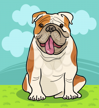 Cartoon Illustration of Funny English Bulldog Dog against Sky with Clouds