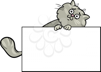 Cartoon Illustration of Funny Fluffy Cat with White Card or Board Greeting or Business Card Design Isolated