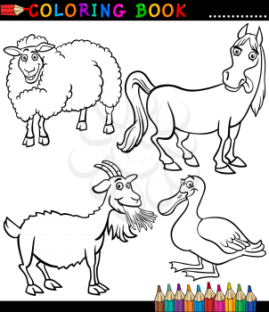 Black and White Coloring Book or Page Cartoon Illustration Set of Funny Farm and Livestock Animals for Children