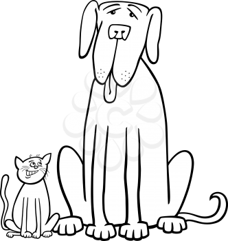 Black and White Cartoon Illustration of Cute Small Cat and Funny Big Dog or Great Dane in Friendship for Coloring Book