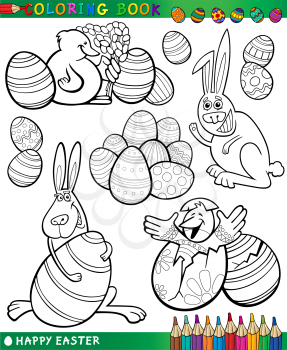 Easter Themes Collection Set of Black and White Cartoon Illustrations for Coloring Book