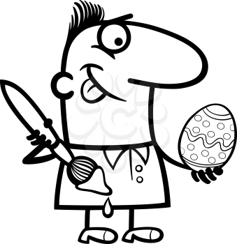 Black and White Cartoon Illustration of Funny Man Painting Easter Egg for Coloring Book