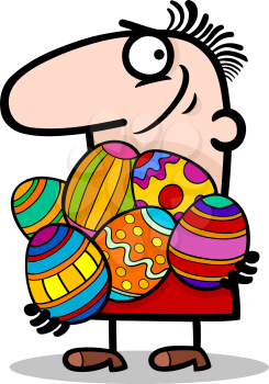 Cartoon Illustration of Funny Man with Painted Easter Eggs