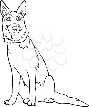 Black and White Cartoon Illustration of Funny German Shepherd Purebred Dog for Coloring Book