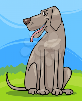Cartoon Illustration of Funny Gray Great Dane Dog against Rural Scene with Blue Sky and Green Grass