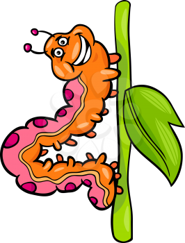 Cartoon Illustration of Funny Caterpillar Insect on stick with leaf