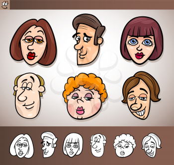 Cartoon Illustration of Funny People Set with Men and Women Heads plus Black and White versions