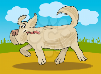 Cartoon Illustration of Funny Running Shaggy Sheepdog Dog against Rural Scene