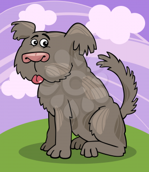 Cartoon Illustration of Funny Shaggy Sheepdog or Bobtail Dog against Sky with Clouds
