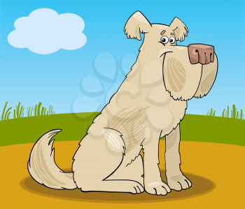 Cartoon Illustration of Funny Shaggy Sheepdog Dog against Rural Scene
