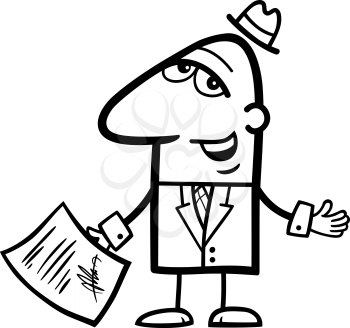Black and White Cartoon Illustration of Man or Businessman with Signed Agreement or Contract