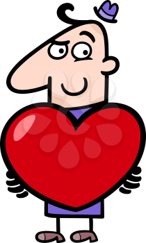 Cartoon St Valentines Illustration of Man in Love with Heart or Valentine Card in his Hands