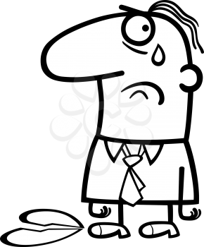 Black and White Cartoon Illustration of Sad Man with Broken Heart for Valentines Day