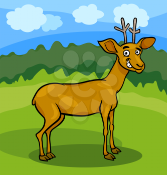 Cartoon Illustration of Funny Wild Deer Animal on the Glade