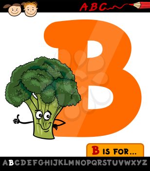 Cartoon Illustration of Capital Letter B from Alphabet with Broccoli Vegetable for Children Education