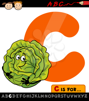 Cartoon Illustration of Capital Letter C from Alphabet with Cabbage for Children Education