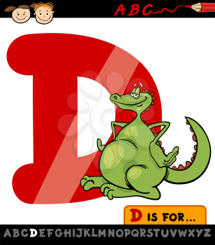Cartoon Illustration of Capital Letter D from Alphabet with Dragon for Children Education