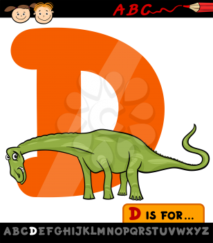 Cartoon Illustration of Capital Letter D from Alphabet with Dinosaur for Children Education