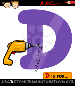 Cartoon Illustration of Capital Letter D from Alphabet with Drill for Children Education