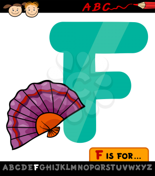 Cartoon Illustration of Capital Letter F from Alphabet with Fan for Children Education