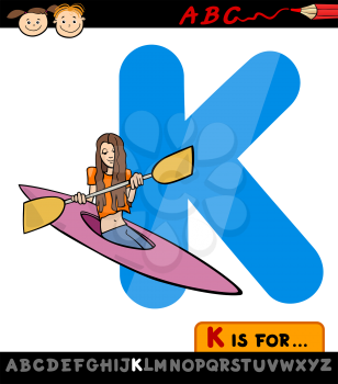 Cartoon Illustration of Capital Letter K from Alphabet with Kayak for Children Education