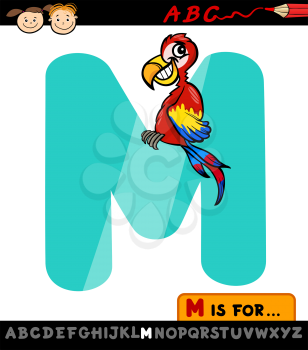 Cartoon Illustration of Capital Letter M from Alphabet with Macaw for Children Education