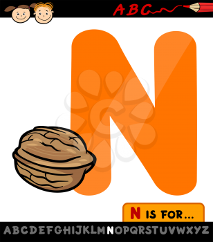 Cartoon Illustration of Capital Letter N from Alphabet with Nut for Children Education