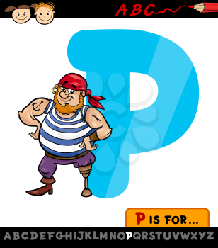 Cartoon Illustration of Capital Letter P from Alphabet with Pirate for Children Education