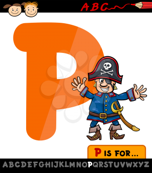 Cartoon Illustration of Capital Letter P from Alphabet with Pirate for Children Education