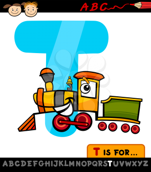 Cartoon Illustration of Capital Letter T from Alphabet with Train for Children Education