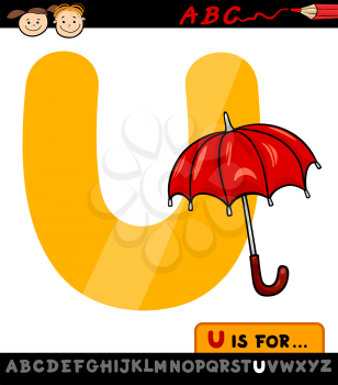 Cartoon Illustration of Capital Letter U from Alphabet with Umbrella for Children Education