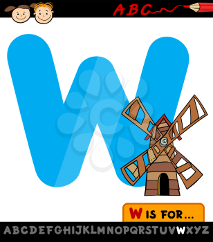 Cartoon Illustration of Capital Letter W from Alphabet with Windmill for Children Education