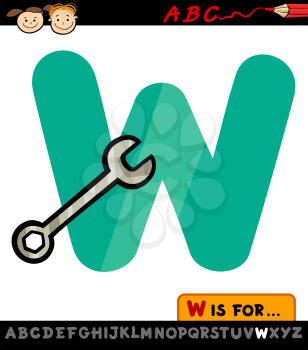 Cartoon Illustration of Capital Letter W from Alphabet with Wrench for Children Education
