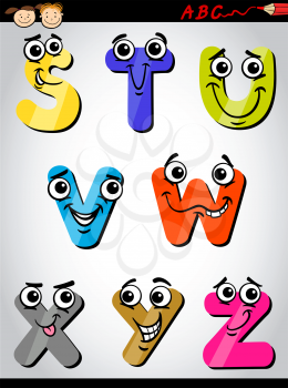 Cartoon Illustration of Funny Capital Letters Alphabet from S to Z for Children Education