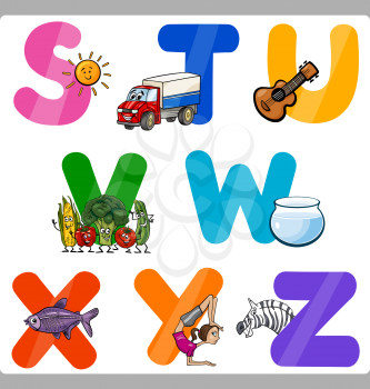 Cartoon Illustration of Funny Capital Letters Alphabet with Objects for Language and Vocabulary Education for Children from S to Z