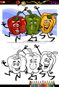 Coloring Book or Page Cartoon Illustration of Three Peppers Vegetables Red and Green and Yellow Funny Food Objects Group for Children Education