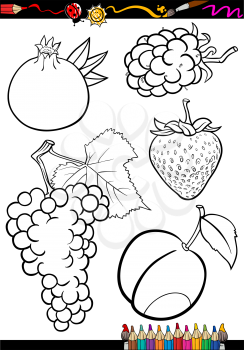 Coloring Book or Page Illustration of Black and White Fruits Food Objects Set
