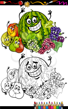 Coloring Book or Page Cartoon Illustration of Funny Fruits Comic Food Characters Group for Children Education