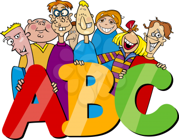 Cartoon Illustration of  School Children or Teenagers Group with ABC Letters