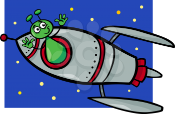 Cartoon Illustration of Funny Alien or Martian Comic Character in the Rocket or Spaceship