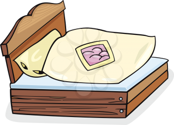 Cartoon Illustration of Retro Bed Furniture with Bedding Clip Art