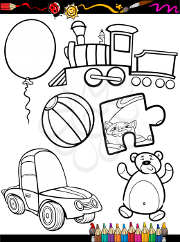 Coloring Book or Page Cartoon Illustration of Black and White Toys Objects Set for Children Education
