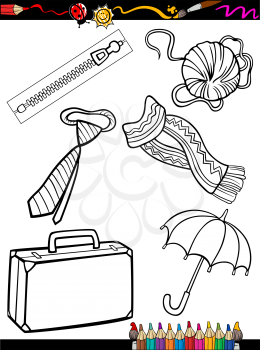 Coloring Book or Page Cartoon Illustration of Black and White Clothes and Accessories Objects Set for Children Education