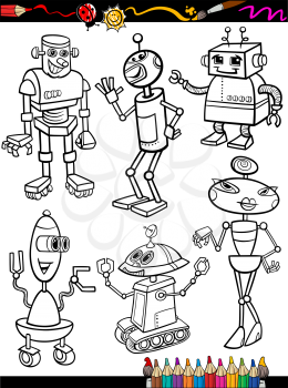 Coloring Book or Page Cartoon Illustration Set of Black and White Fantasy or Science Fiction Robots Comic Mascot Characters for Children