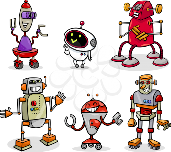 Cartoon Illustration of Funny Robots or Droids Fantasy Set